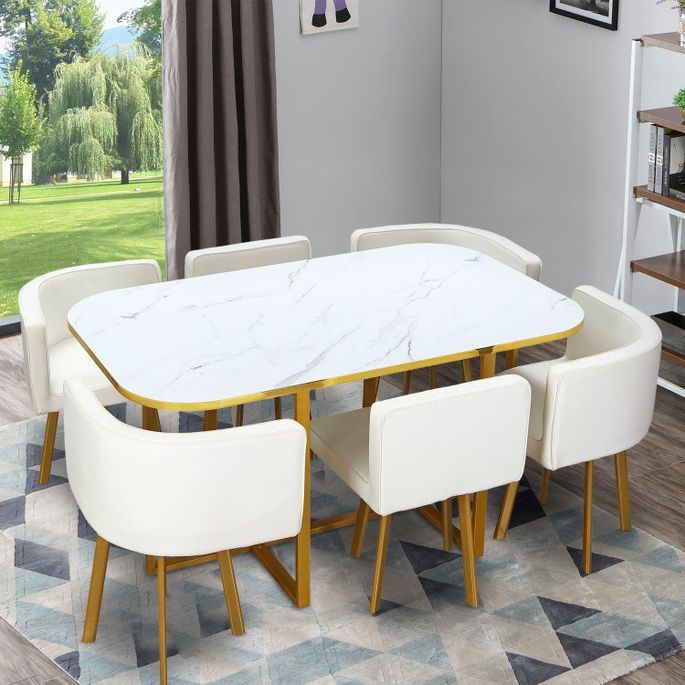 Table effet marbre et 6 chaises simili cuir blanc pieds métal doré Manda - Photo n°3