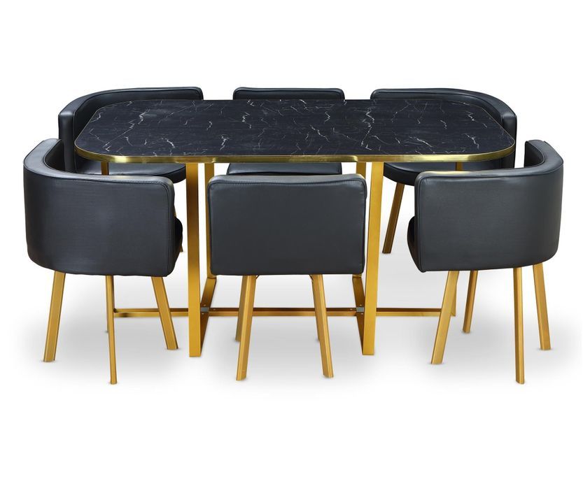 Table effet marbre et 6 chaises simili cuir noir pieds métal doré Manda - Photo n°1
