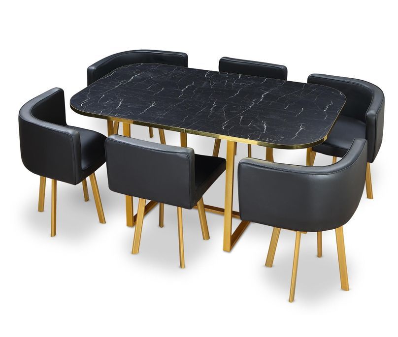 Table effet marbre et 6 chaises simili cuir noir pieds métal doré Manda - Photo n°2