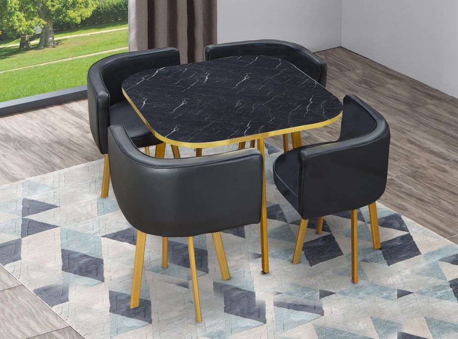 Table effet marbre noir et 4 chaises simili cuir pieds métal doré Manda - Photo n°2