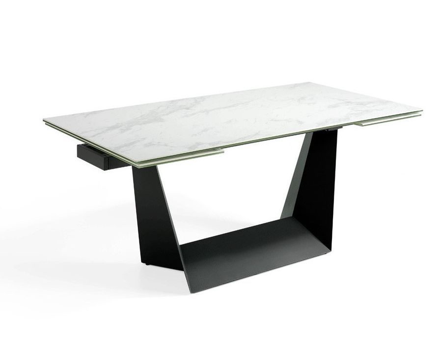 Table en marbre céramique blanc avec rallonge centrale et pieds en acier noir L 180/225/270 cm - Photo n°5