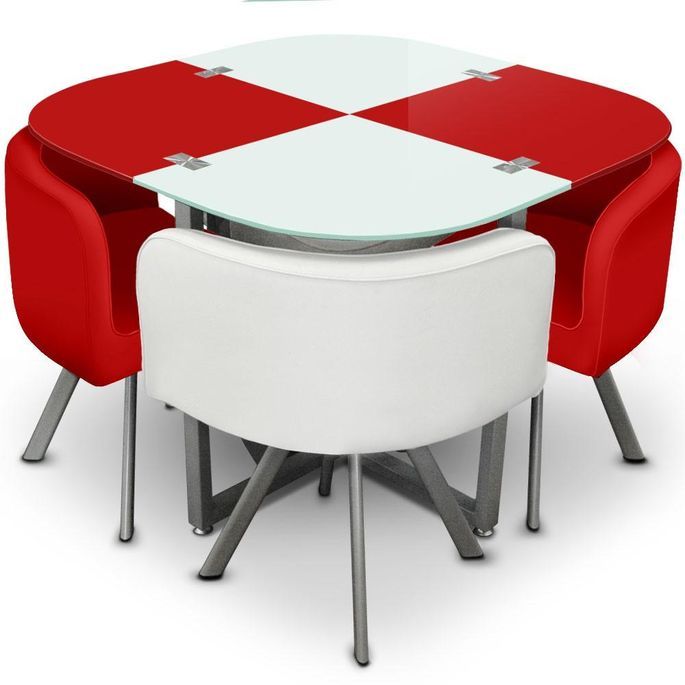Table et 4 chaises rouge et blanc pieds métal chromé Mozza - Photo n°1