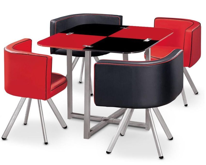 Table et 4 chaises verre rouge et noir pieds métal chromé Mozza - Photo n°2