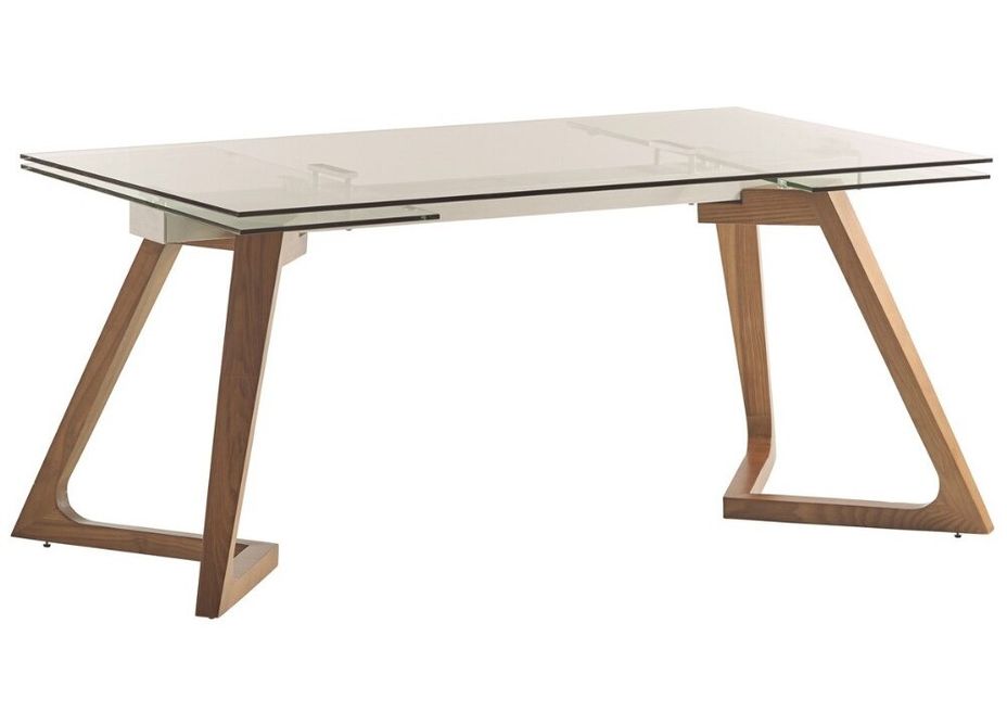 Table extensible 6 à 10 places L 160 à 240 cm verre et pieds frêne massif clair Greta - Photo n°1