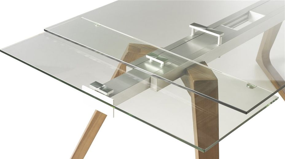Table extensible 6 à 10 places L 160 à 240 cm verre et pieds frêne massif clair Greta - Photo n°5