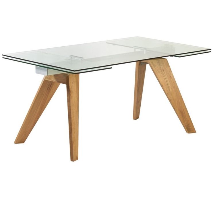Table extensible 6 à 10 places L 160 à 240 cm verre et pieds frêne massif clair Mouta - Photo n°1