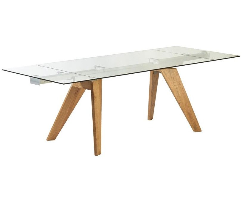 Table extensible 6 à 10 places L 160 à 240 cm verre et pieds frêne massif clair Mouta - Photo n°2