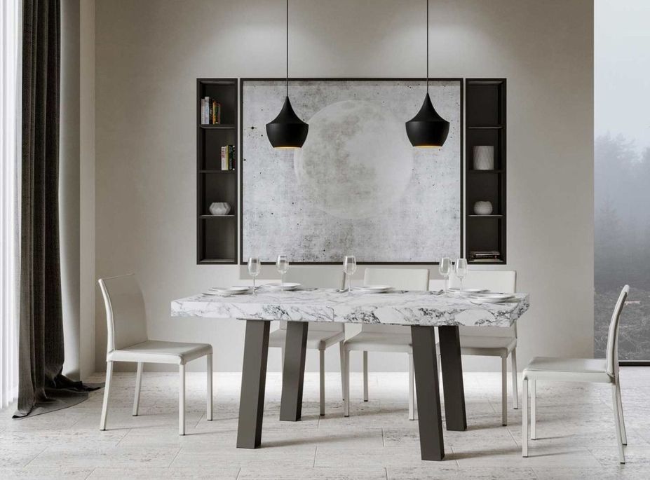 Table extensible 6 à 14 places L 180 à 284 cm effet marbre blanc et pieds métal anthracite Bidy - Photo n°2
