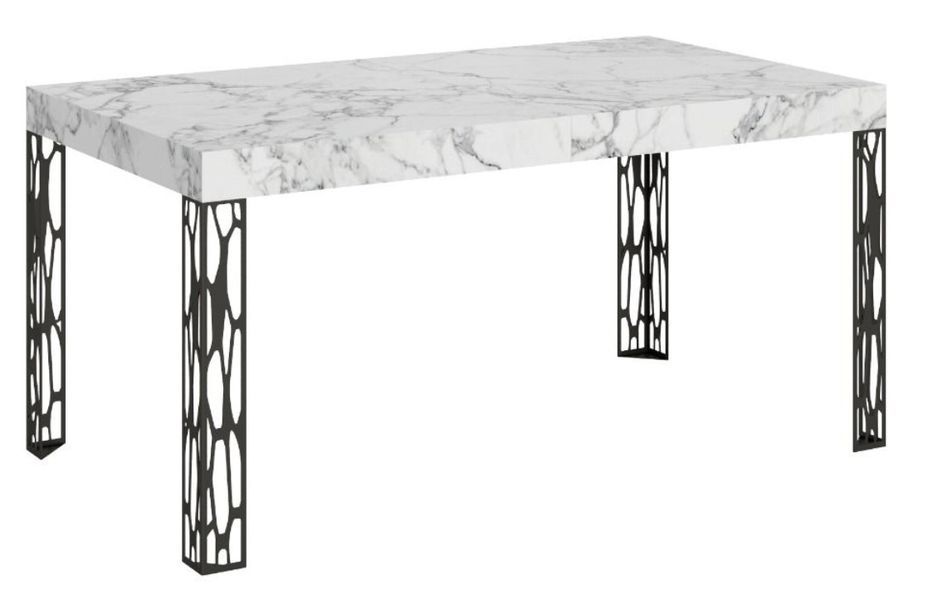 Table extensible 6 à 14 places L 180 à 284 cm effet marbre blanc et pieds métal gris foncé Gisa - Photo n°1