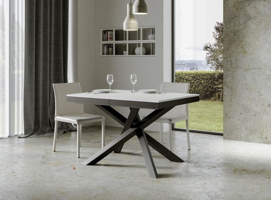 Table extensible 6 à 16 places blanche cadre métallique et pieds entrelacés anthracite L 120 à 380 cm Klass - Photo n°1
