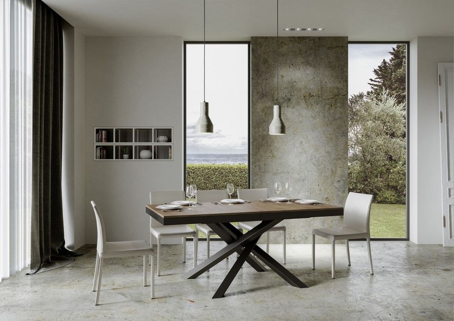 Table extensible 6 à 16 places bois marron cadre métallique et pieds entrelacés anthracite L 120 à 380 cm Klass - Photo n°3
