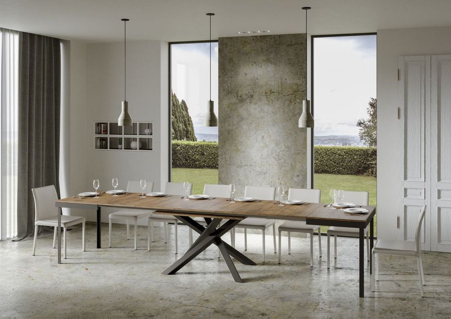 Table extensible 6 à 16 places bois marron cadre métallique et pieds entrelacés anthracite L 120 à 380 cm Klass - Photo n°2