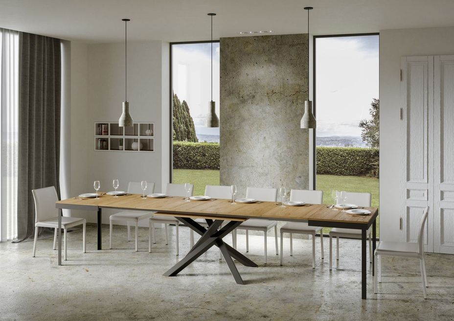 Table extensible 6 à 16 places chêne clair cadre métallique et pieds entrelacés anthracite L 120 à 380 cm Klass - Photo n°2