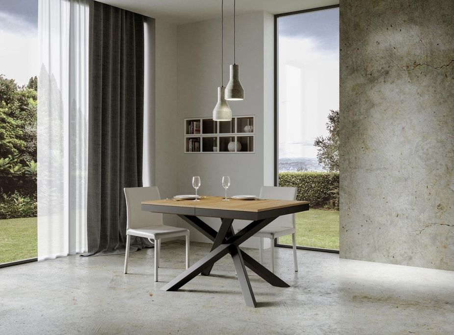 Table extensible 6 à 16 places chêne clair cadre métallique et pieds entrelacés anthracite L 120 à 380 cm Klass - Photo n°5