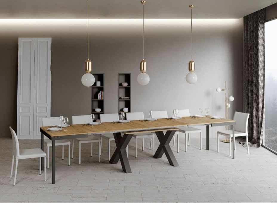 Table extensible 6 à 18 places L 160 à 420 cm bois clair et cadre métal gris foncé Tsara - Photo n°3