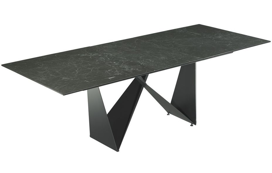 Table extensible 8 à 12 places L 180 à 230 cm verre effet marbre noir et pieds métal noir Matis - Photo n°1