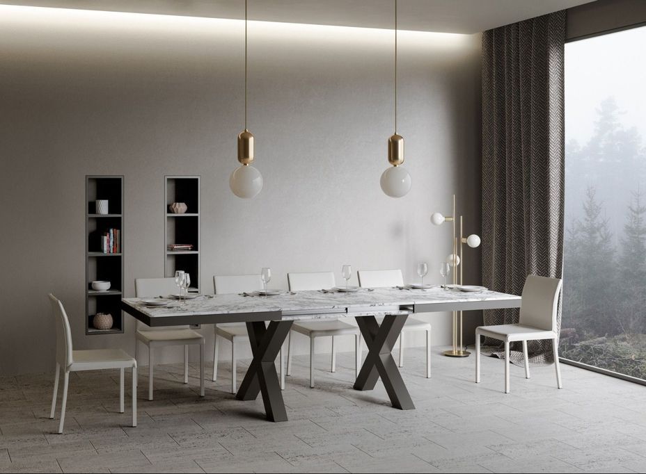 Table extensible 8 à 20 places L 180 à 440 cm effet marbre blanc et cadre métal gris foncé Tsara - Photo n°3