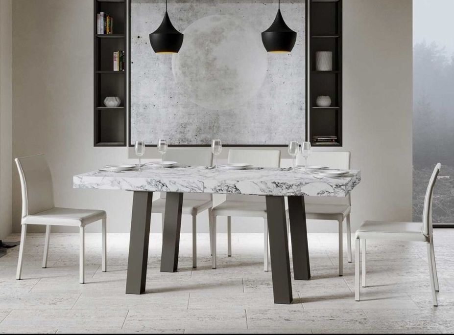 Table extensible 8 à 20 places L 180 à 440 cm effet marbre blanc et pieds métal anthracite Bidy - Photo n°2