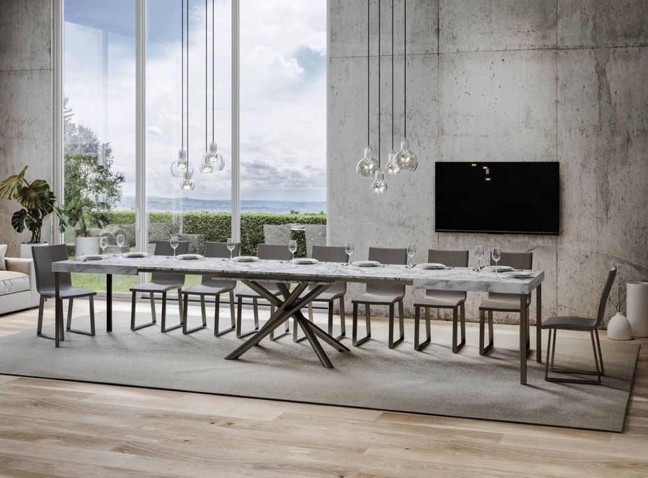 Table extensible blanc effet marbre 8 à 20 personnes et pieds arrondis entrelacés anthracite L 180 à 440 cm Zeus - Photo n°2