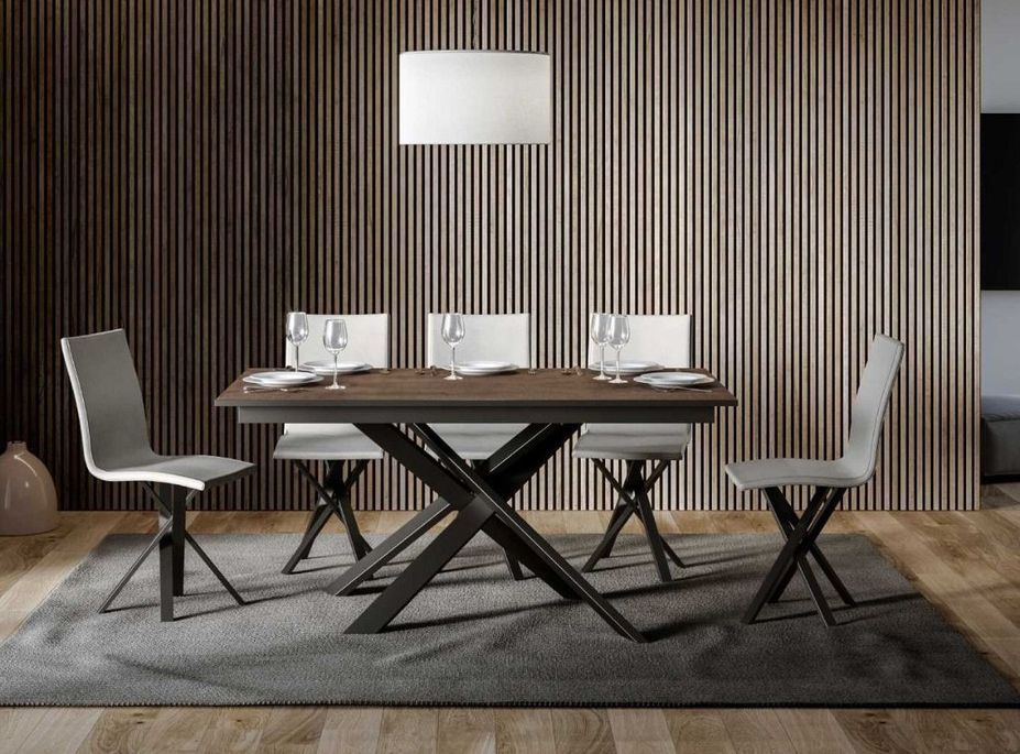 Table extensible design 160 à 220 cm bois foncé et pieds entrelacés métal anthracite Gary - Photo n°2