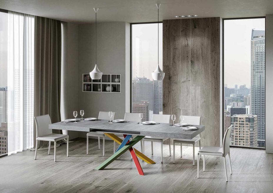 Table extensible design gris ciment et pieds entrelacés multicouleurs L 130 à 234 cm Artemis - Photo n°3