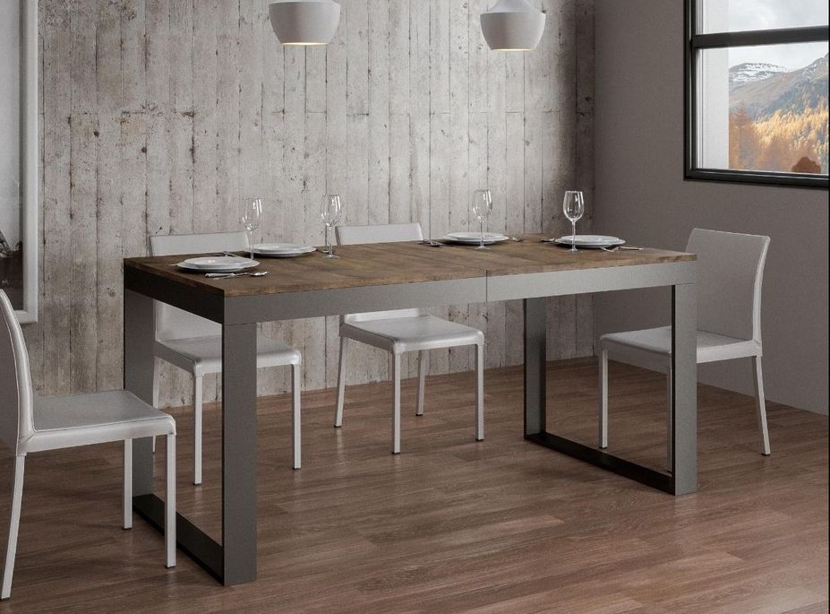 Table moderne extensible 6 à 14 places L 180 à 284 cm bois foncé et cadre métal anthracite Likro - Photo n°2