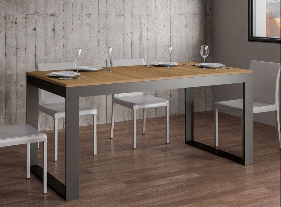 Table moderne extensible 6 à 20 places L 180 à 440 cm bois clair avec cadre et pieds en métal anthracite Likro - Photo n°2