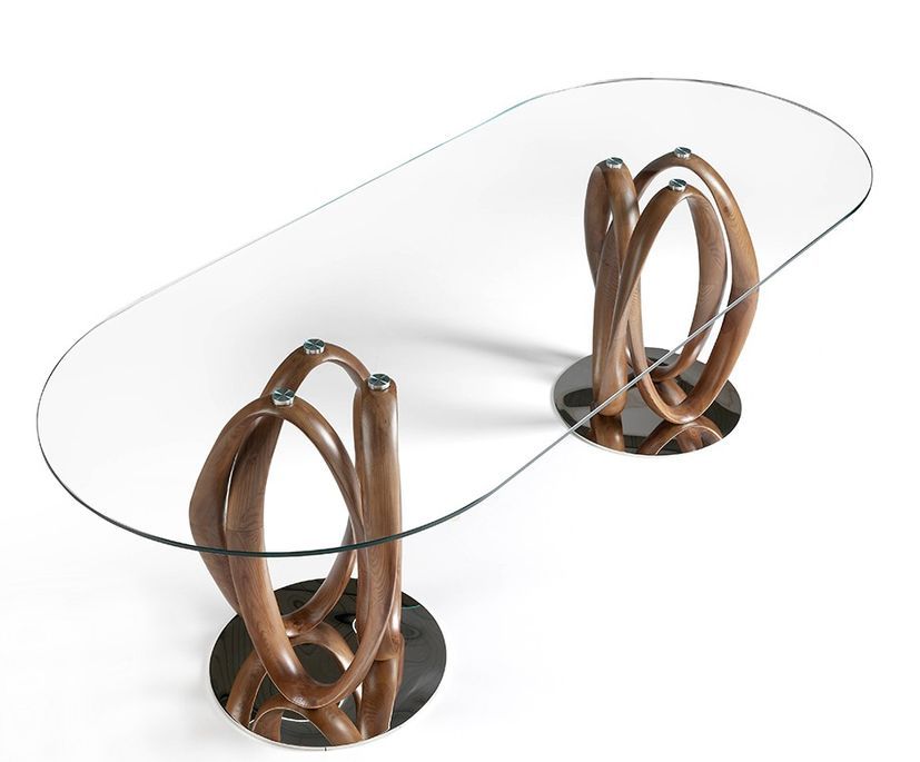 Table ovale plateau verre trempé et pieds bois noyer incurvé Pinta 240 cm - Photo n°1