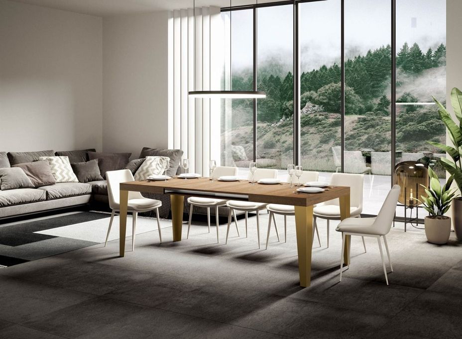 Table rectangulaire extensible 6 à 20 personnes L 160 à 420 cm bois clair et pieds métal doré Faye - Photo n°2
