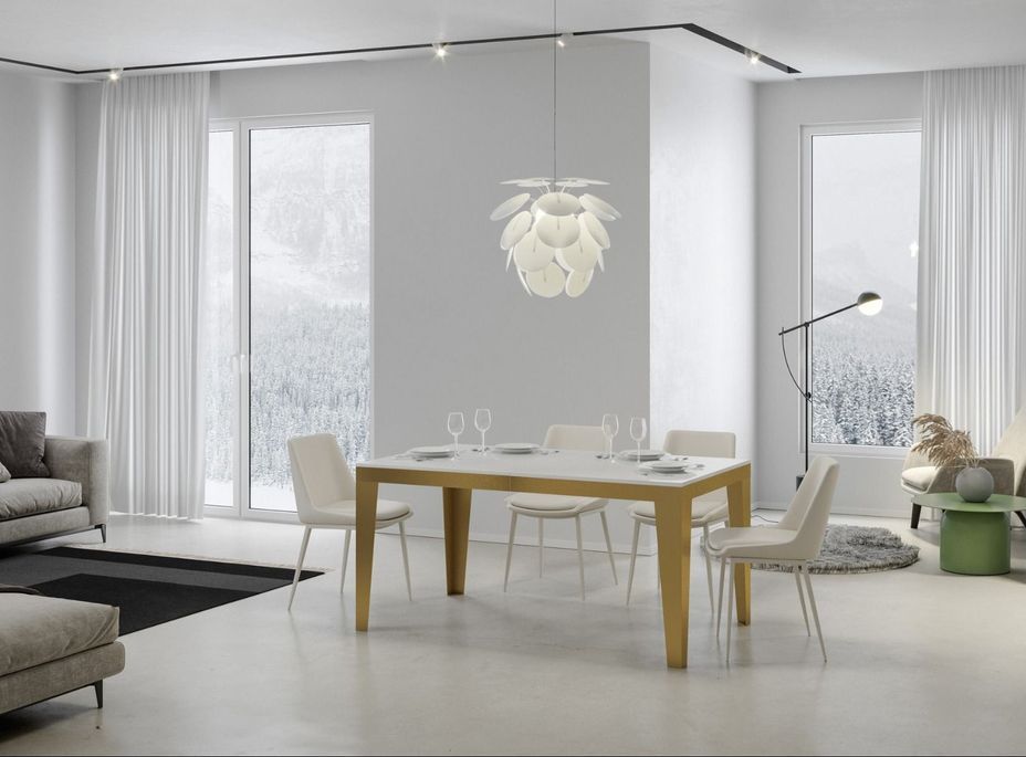 Table rectangulaire extensible 6 à 20 personnes L 180 à 440 cm blanc brillant et cadre métal doré Faye - Photo n°3