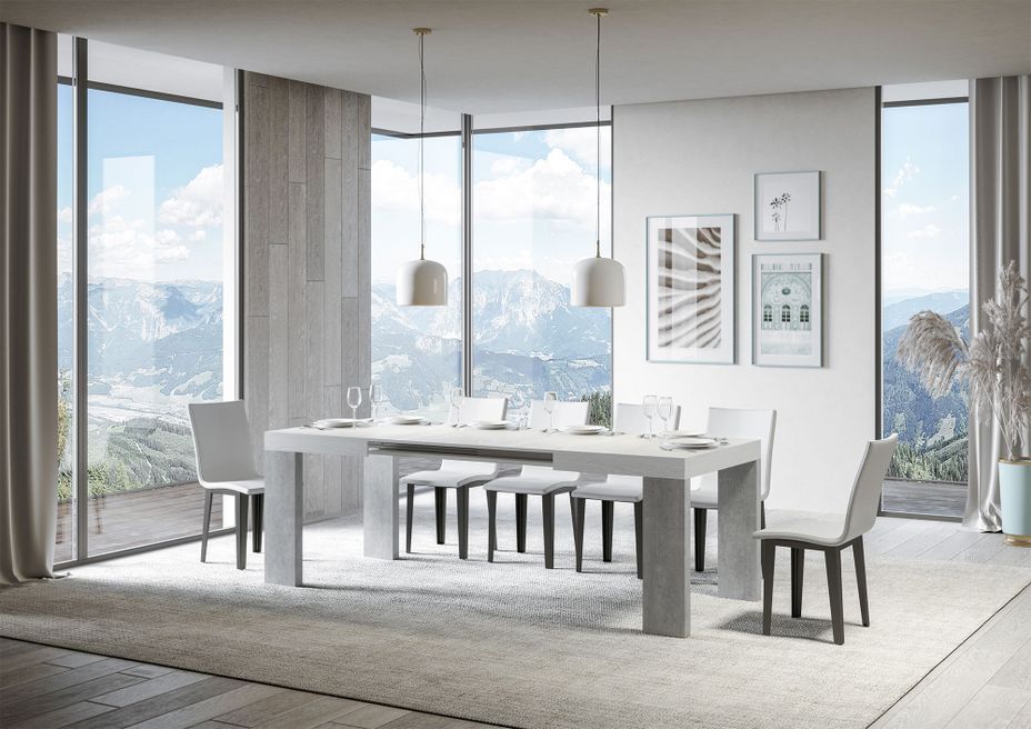 Table rectangulaire extensible blanche et pieds bois gris béton 4 à 10 personnes L 130 à 234 cm Ribo - Photo n°2