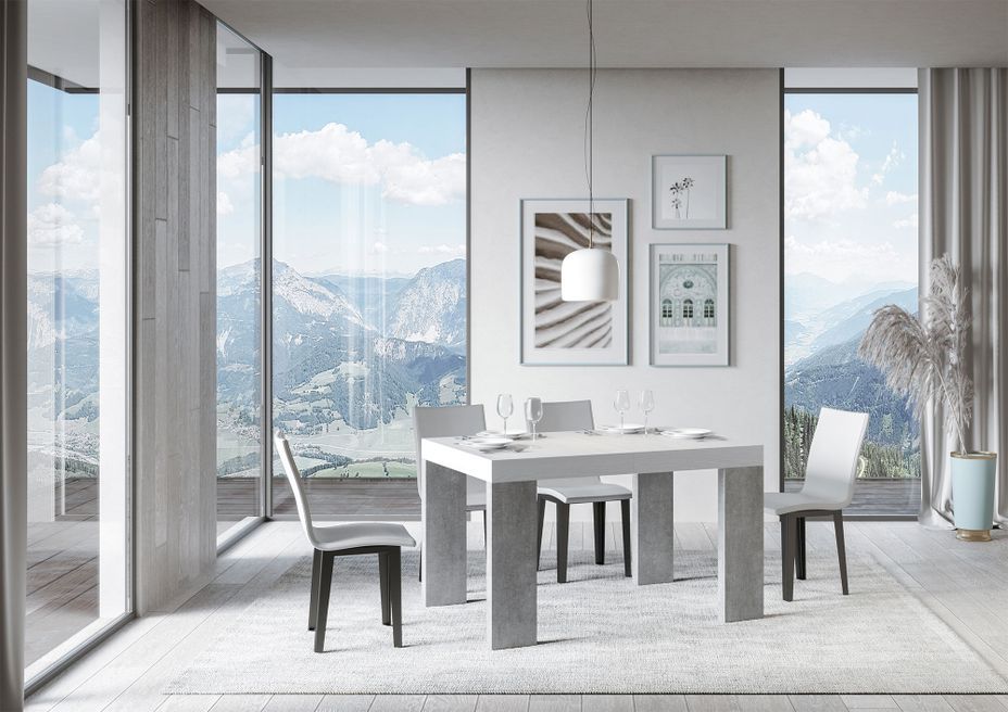 Table rectangulaire extensible blanche et pieds bois gris béton 4 à 10 personnes L 130 à 234 cm Ribo - Photo n°3