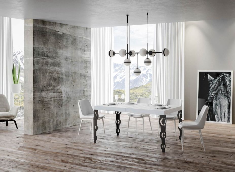 Table rectangulaire extensible orientale 6 à 14 personnes L 180 à 284 cm blanc et pieds métal anthracite Kazay - Photo n°4