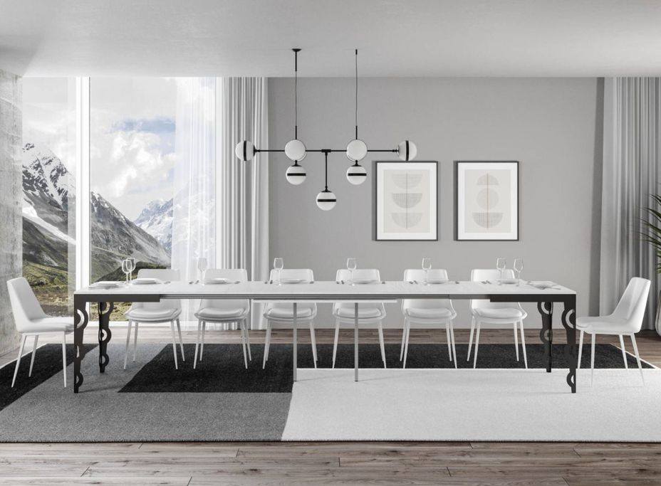 Table rectangulaire extensible orientale 6 à 20 personnes L 160 à 420 cm blanc laqué et cadre métal anthracite Zakary - Photo n°2