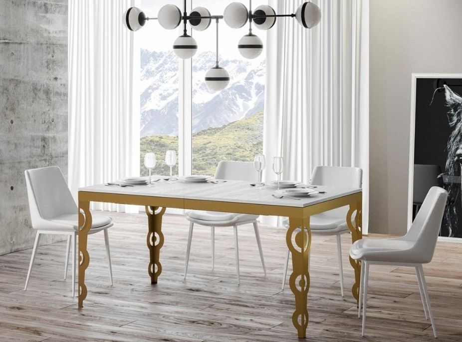 Table rectangulaire extensible orientale 6 à 20 personnes L 180 à 440 cm frêne blanc et cadre métal doré Kazay - Photo n°1