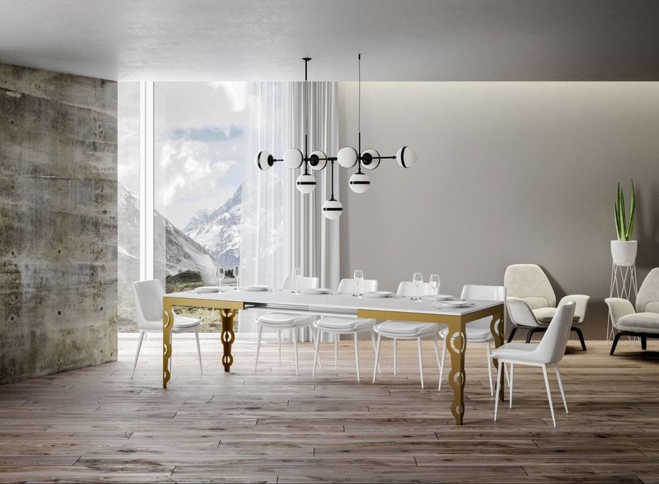 Table rectangulaire extensible orientale 6 à 20 personnes L 180 à 440 cm frêne blanc et cadre métal doré Kazay - Photo n°2