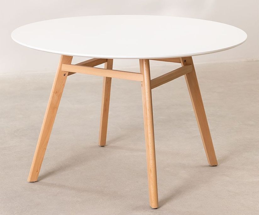 Table ronde 100 cm scandinave blanche et pieds bois clair Bristol - Photo n°1