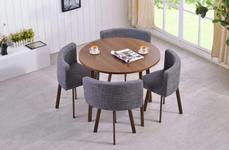 Table ronde bois chêne foncé et 4 chaises tissu gris Manda - Photo n°2