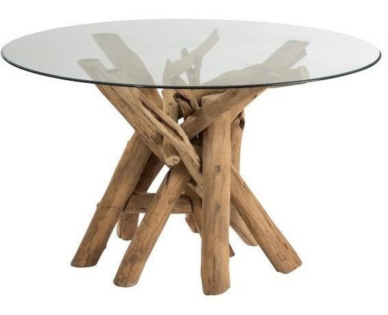 Table ronde verre et pieds bois massif clair Azura D 128 cm - Photo n°1