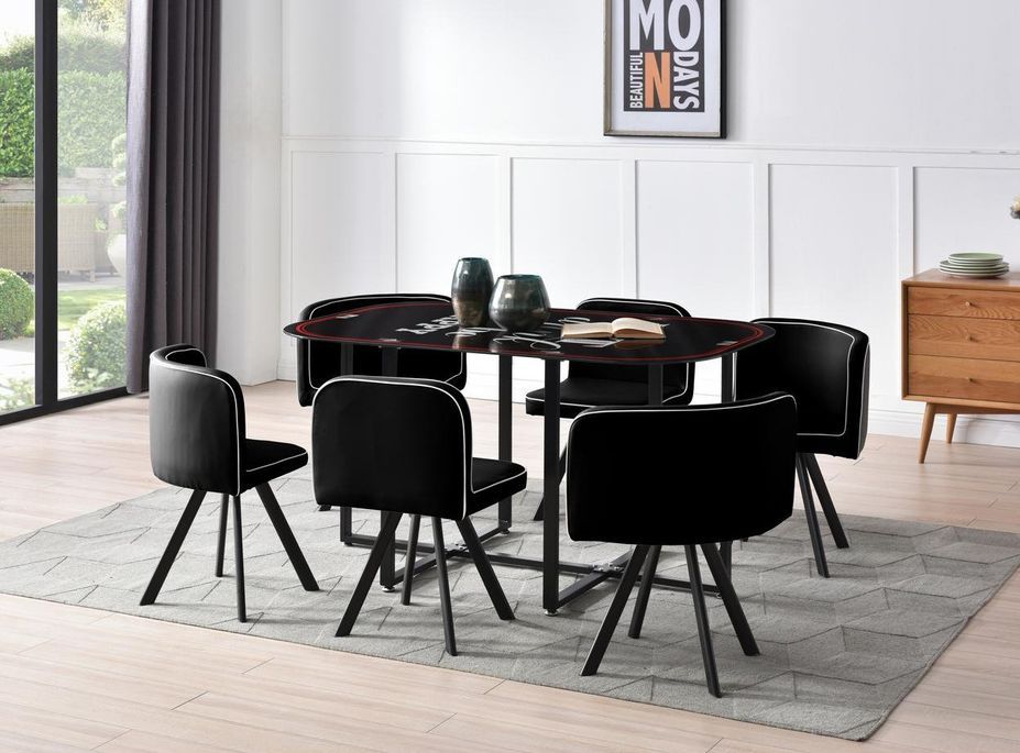 Table verre teinté noir et 6 chaises simili cuir noir pieds métal Sevier 140 cm - Photo n°14