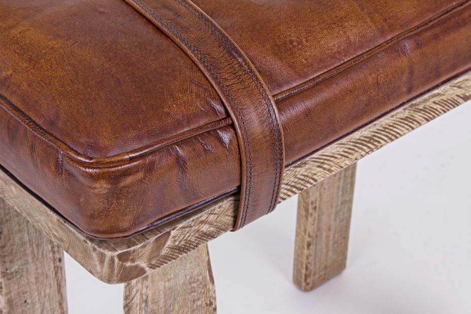 Tabouret en bois de manguier et cuir marron Charlie - Lot de 2 - Photo n°4