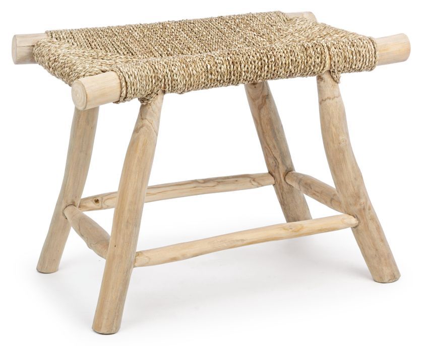 Tabouret en teck et assise en jacinthe d'eau naturelle Belo - Photo n°1