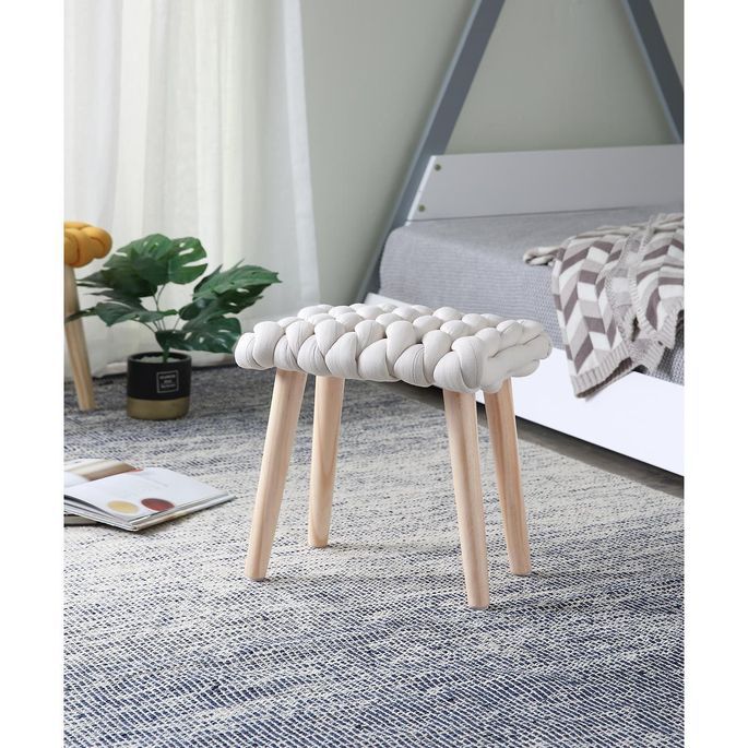 Tabouret tissu tressé beige et pieds bois massif clair Nathie - Photo n°5
