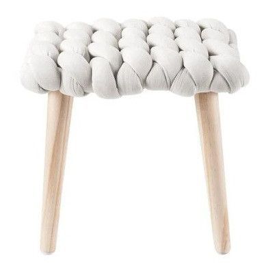 Tabouret tissu tressé beige et pieds bois massif clair Nathie - Photo n°1