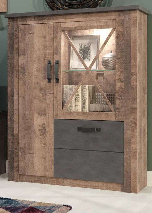 Vitrine 3 portes mélaminé chêne foncé et gris Aria - Photo n°4