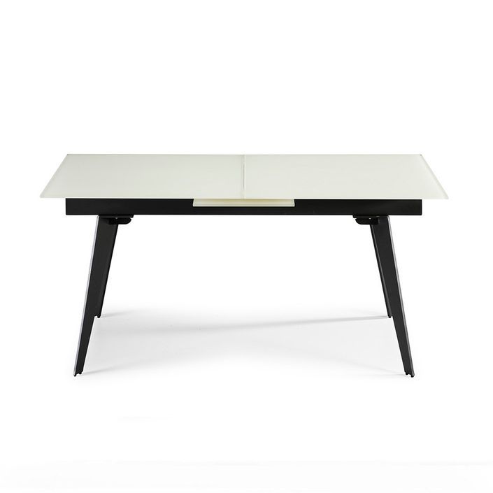 Table à manger en verre trempé blanc avec rallonge centrale et pieds en acier noir - Photo n°4