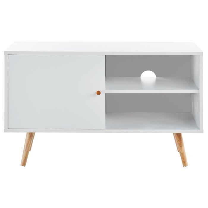 ANNETTE Meuble TV scandinave décor blanc + pieds en bois massif - L 90 cm - Photo n°1