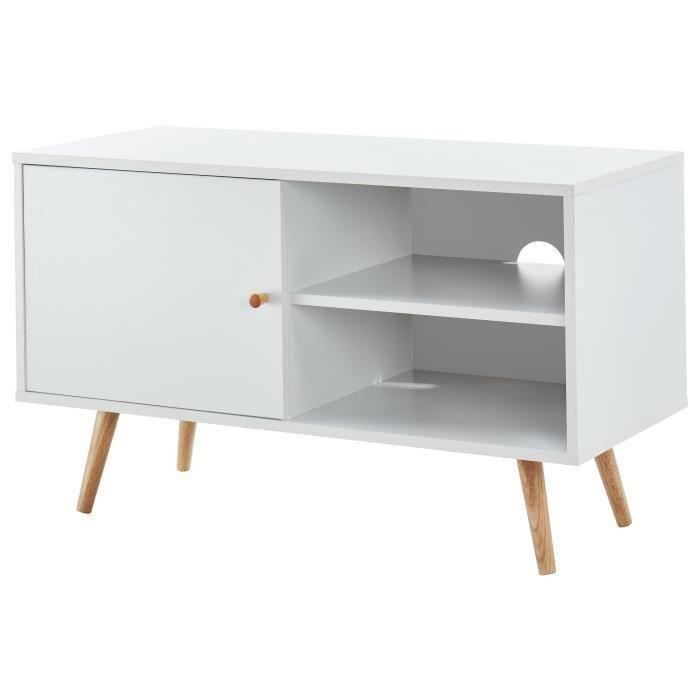 ANNETTE Meuble TV scandinave décor blanc + pieds en bois massif - L 90 cm - Photo n°3