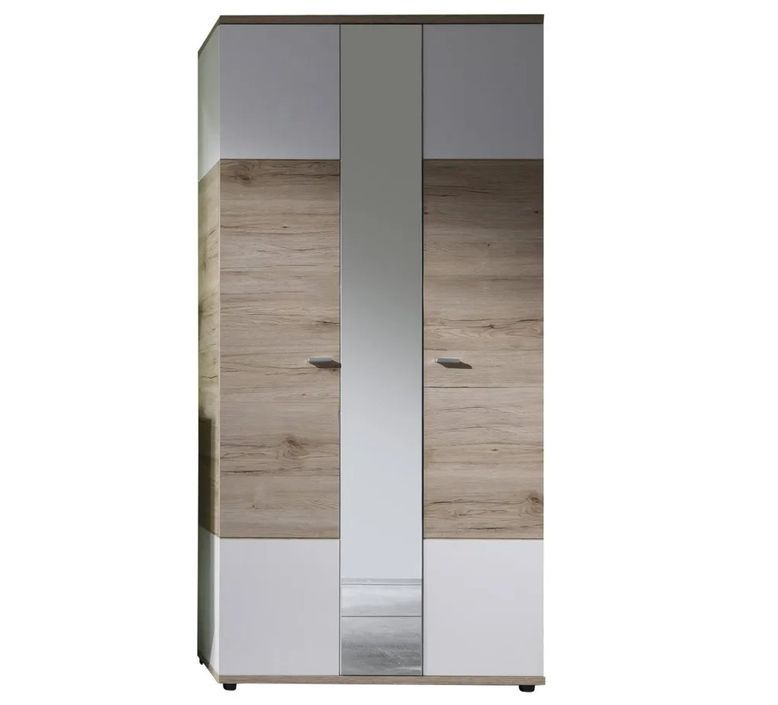 Armoire 2 portes mélaminé blanc et chêne clair avec miroir Masie - Photo n°1