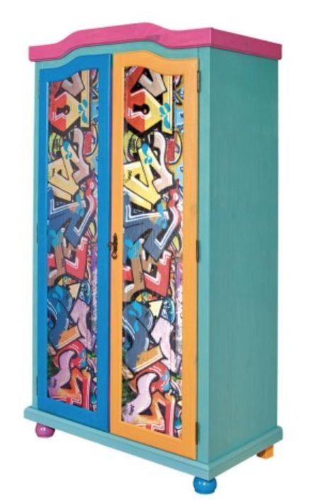 Armoire 2 portes pin massif bleu imprimé Graffiti Fitti - Photo n°1
